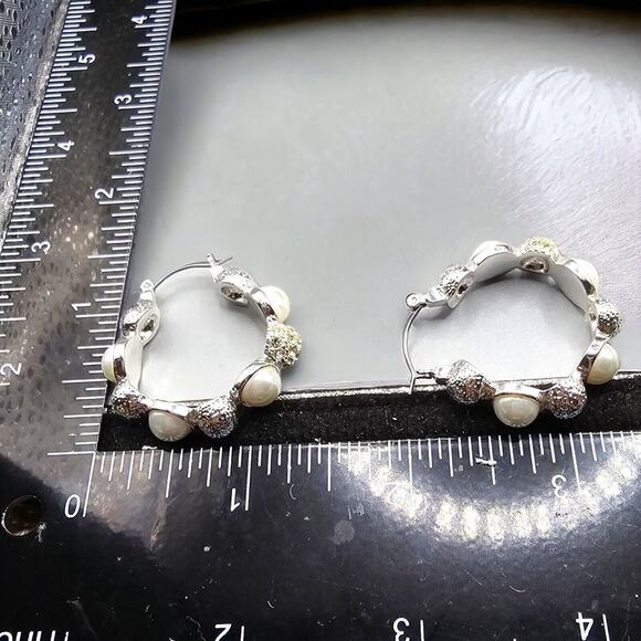 Pierced White Earrings Simulated Half Pearls Rhinestones Hoop Women - Picture 3 of 6